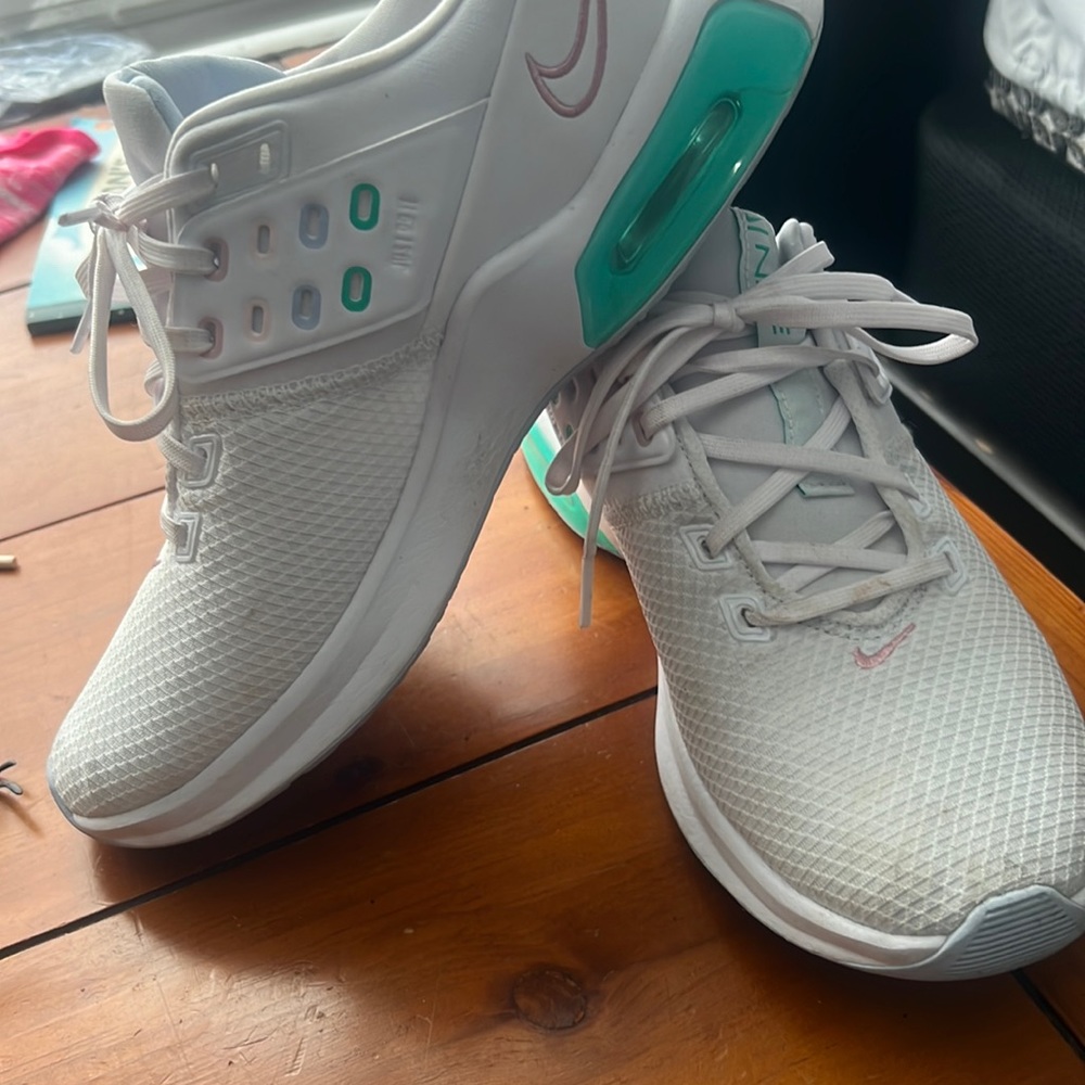 White, mint/teal and pink running shoes